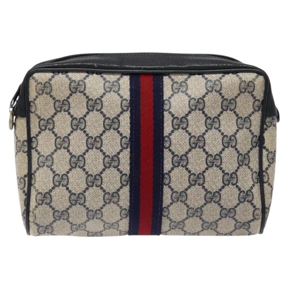 GUCCI GG Supreme Sherry Line Clutch Bag PVC Navy Gold Red Auth - Picture 1 of 16